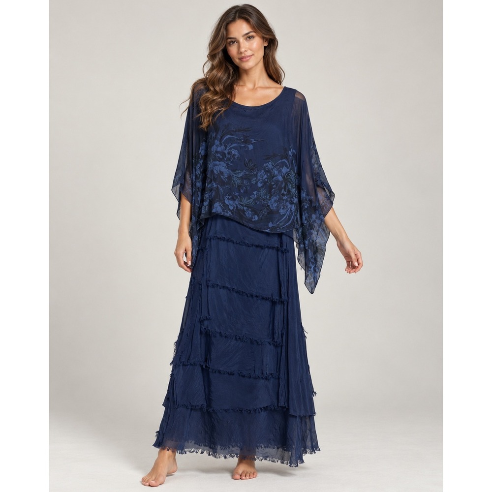 Silk Blend Lagenlook 2 Piece Set NT by Amati Italy Poncho Maxi Skirt